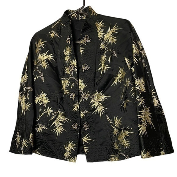 Handmade Quilted Asian Inspired Black & Gold Bamboo Print Jacket‎ - Picture 1 of 8